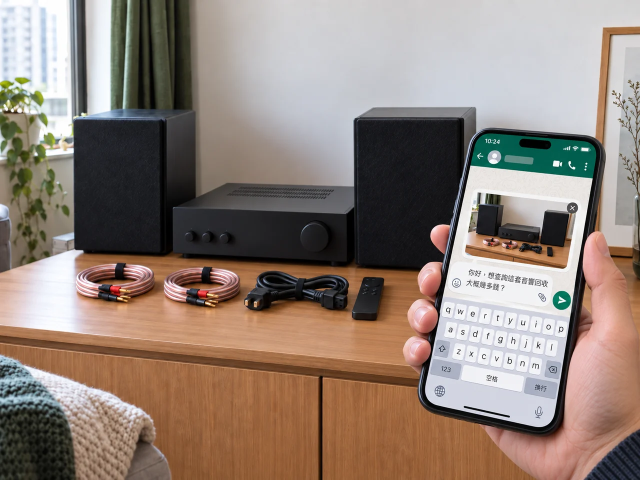 人手拿著手機，以 WhatsApp 傳送音響與配件資料查詢